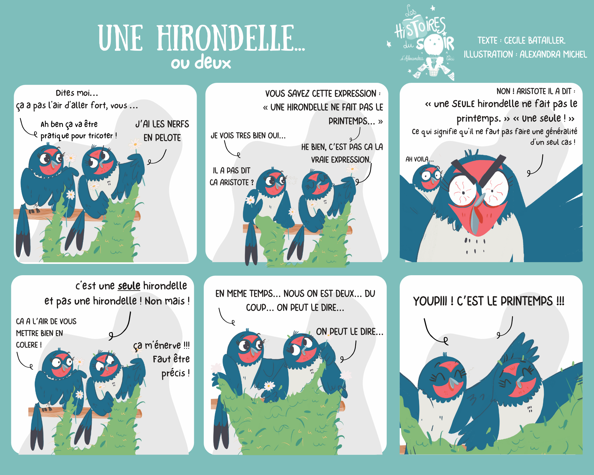 Bande dessinée pour enfants sur l'origine de l'expression "une hirondelle ne fait pas le printemps"